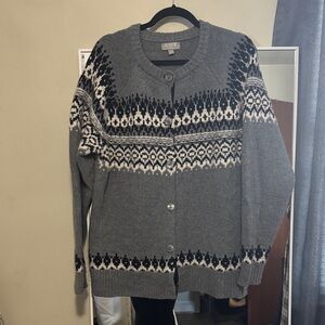 100% Cashmere J. Crew Gray Fair Isle Button Cardigan with Black and White Trim